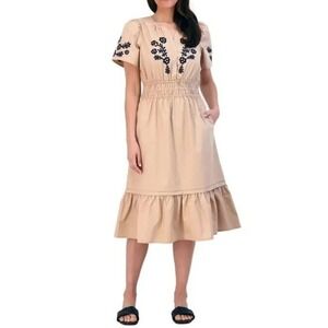 French Connection XXL Camel Cotton Embroidered Smocked Tiered Midi Dress NWT